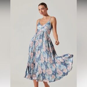 Astr Pleated Midi Dress Blue and Pink